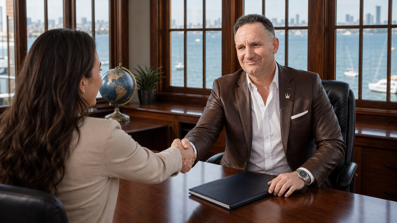 Gabriel Royall greeting a real-estate client in a San Diego waterfront office